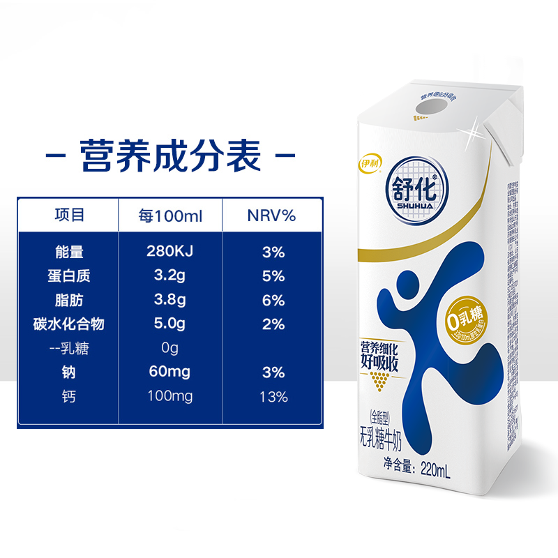 【毛不易同款】伊利旗舰店舒化无乳糖全脂牛奶220ml*24盒整箱早餐